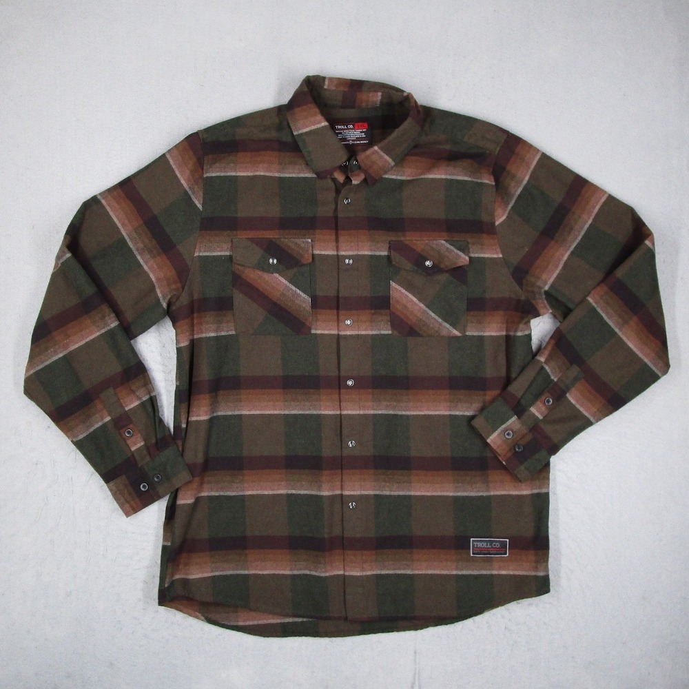 Troll Co Dirty Hands Clean Money Flannel Shirt Mens 2XL Brown Plaid Snap Front
